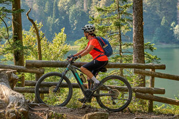 Frau mit Helm fährt auf E-Mountainbike durch Wald.