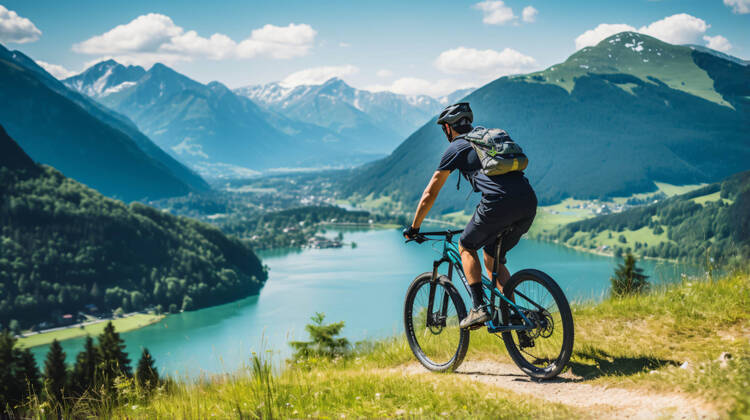 Mann auf Mountainbike fährt durch die Alpen