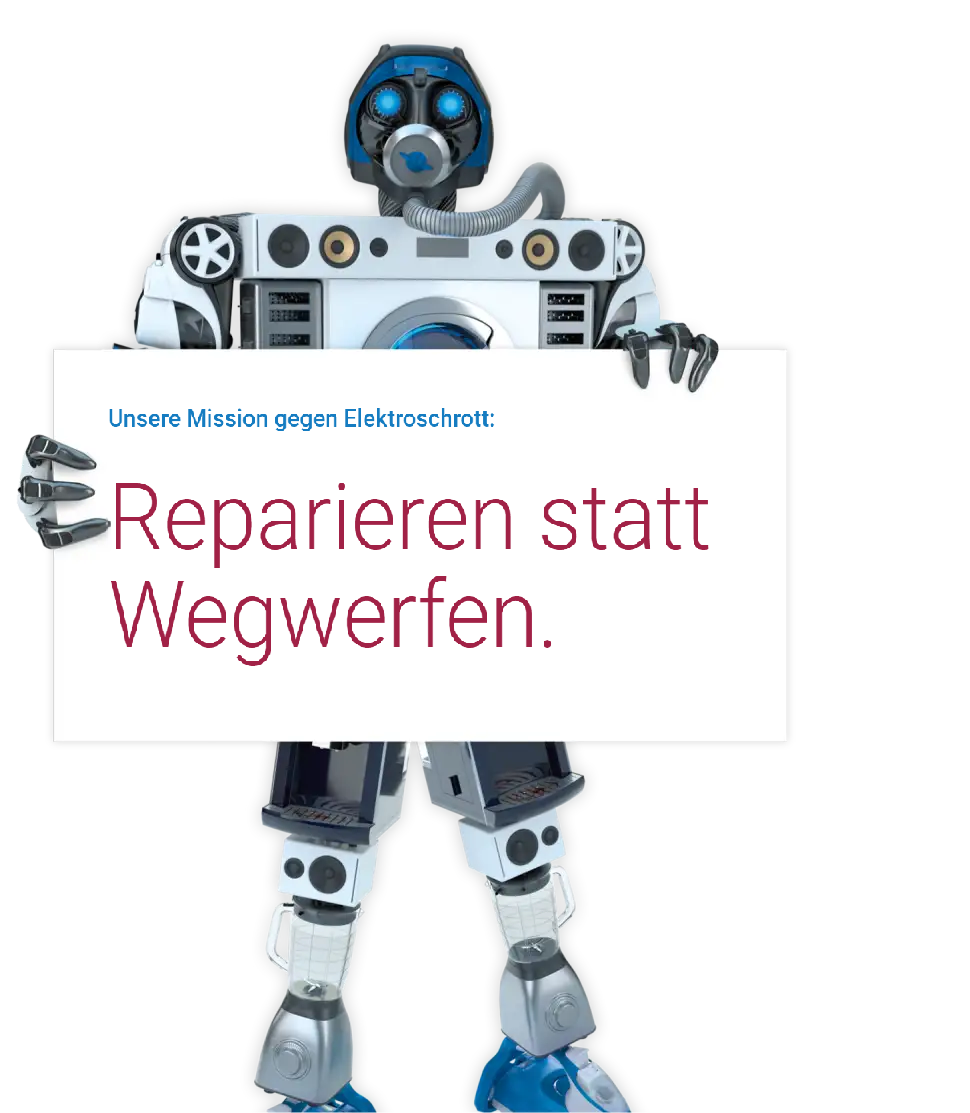 Ein Roboter aus gebrauchter Technik hält ein Schild