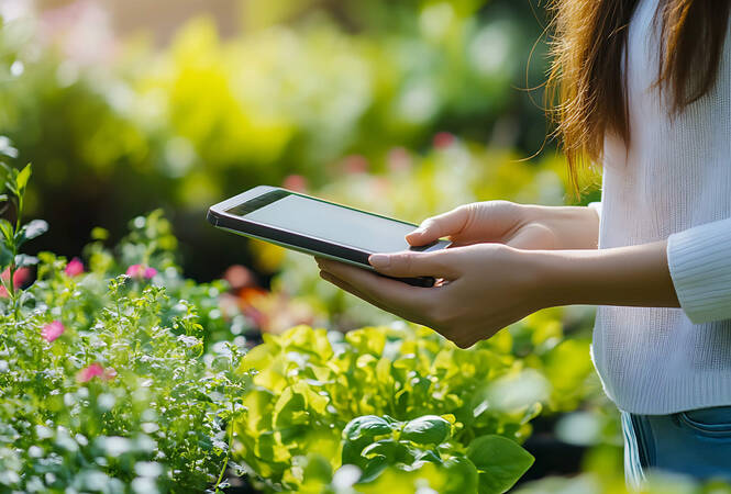 Eine Frau steht im Garten und blickt auf ein Tablet.