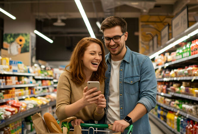 Ein Pärchen steht im Gang eines Supermarkts und blickt aufs Smartphone.
