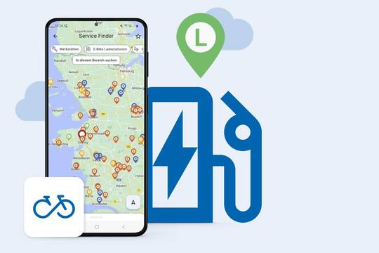 Smartphone Screen mit Kartenansicht und E-Bike Ladestationen