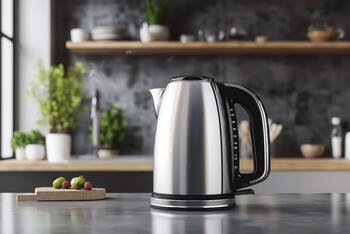 Ein Wasserkocher steht auf einer Arbeitsplatte in der Küche.