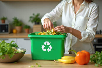 Eine Frau hantiert mit Lebensmitteln und entsorgt Reste in einem Recycling-Behälter.