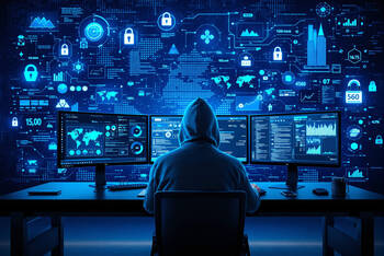 Ein dunkel gekleideter Hacker sitzt geheimnisvoll vor einigen Computerbildschirmen.
