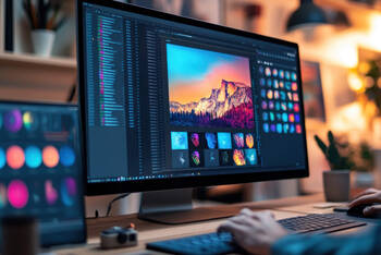 Eine Person bearbeitet Bilder am Computer. 