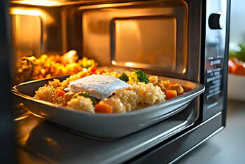 Ein Teller mit Gemüse steht in der Mikrowelle.