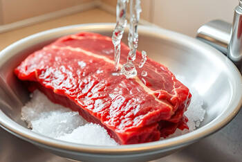 Ein Stück Fleisch wird unter laufendem Wasser aufgetaut.