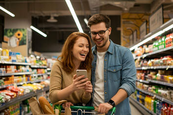 Ein Pärchen steht im Gang eines Supermarkts und blickt aufs Smartphone.
