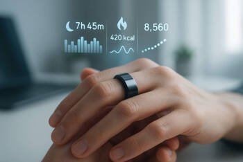 Ein Mann trägt einen smarten Ring über dem verschiedene Gesundheitsdaten virtuell angezeigt werden.