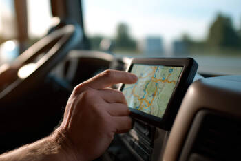 Ein Mann tippt auf dem Display im Auto und gibt eine Adresse ein.