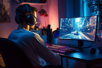 Eine Mann sitzt vor einem Bildschirm und spielt ein Spiel auf seinem PC.