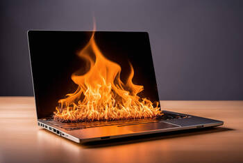 Aus der Tastatur eines Laptops schießen Flammen heraus.