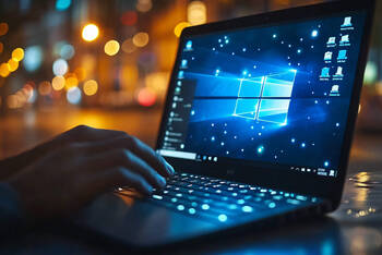 Eine Person sitzt vor Laptop und blickt auf den Windows Desktop.