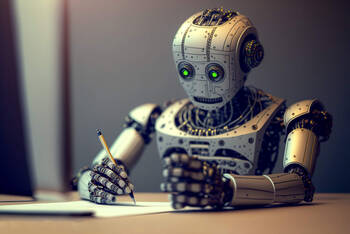 Roboter sitzt am Schreibtisch