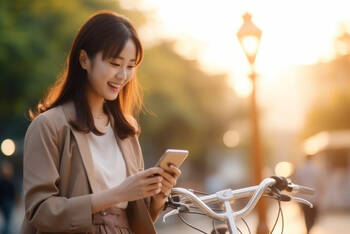 Frau mit Smartphone in der Hand steht neben einem E-Bike