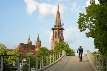 Ein Radfahrer fährt durch die Münster Landschaft 