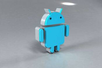Das Android Logo in blau hinter einem grauen Hintergrund.