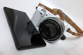 Ein schwarzes sony Smartphone und eine weiße Kamera auf einem weißen Hintergrund.