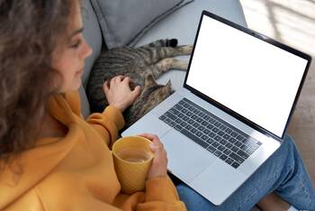 Frau auf Couch mit Katze schaut auf Laptop