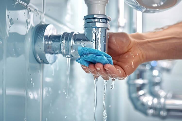 Eine Person versucht einen tropfenden Wasserhahn mit einem Lappen abzudichten.