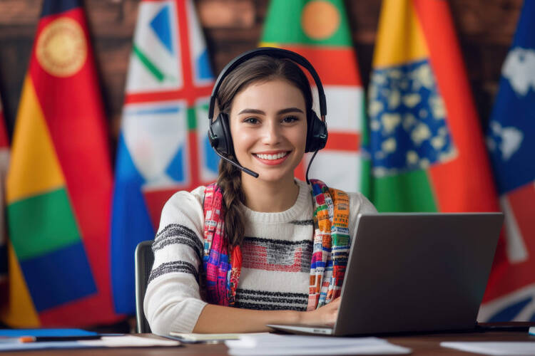 Eine Frau sitzt mit einem Headset an einem Laptop - im Hintergrund sind verschiedene Länderflaggen zu sehen.