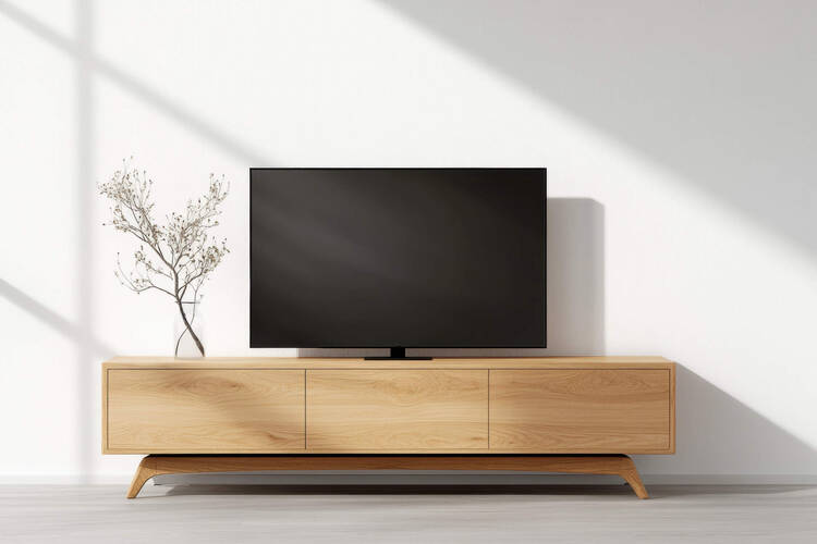 Ein TV-Gerät steht auf einem Fernsehtisch vor einer weißen Wand. 