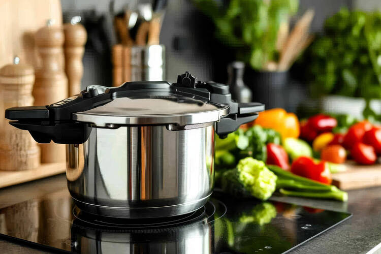 Ein Kochtopf steht zusammen mit verschiedenen Lebensmitteln auf dem Herd.