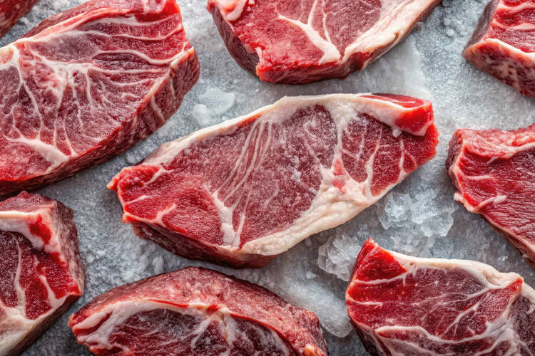 Mehrere Stücke Fleisch liegen auf einer Eisschicht und werden gekühlt.