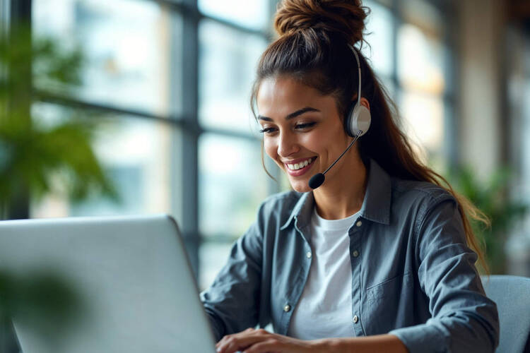 Eine Frau sitzt vor ihrem Laptop und hat ein Headset auf.