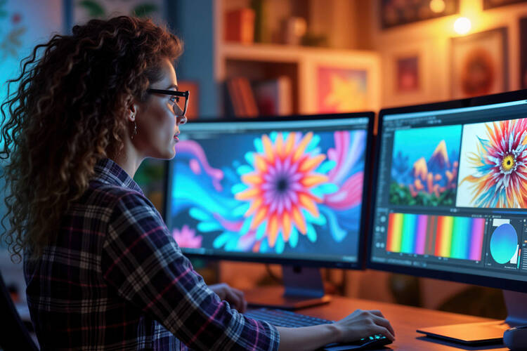 Eine Frau sitzt vor zwei Bildschirmen und bearbeitet Bilder in einem entsprechenden Programm.