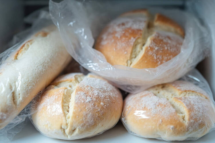 Mehrere eingefrorene Laibe Brot liegen in der Tiefkühltruhe.