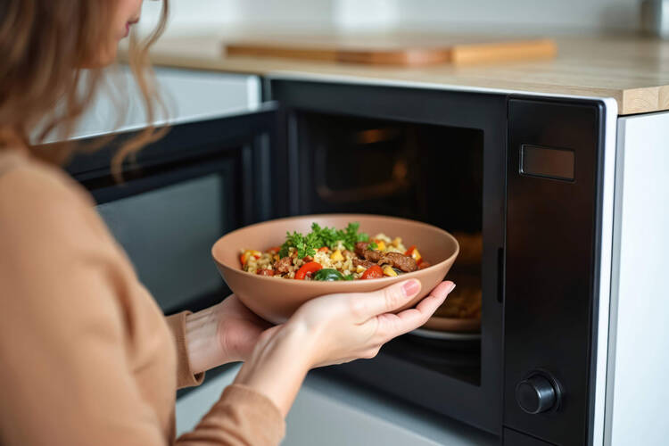Eine Frau stellt einen gefüllten Teller in die Mikrowelle.