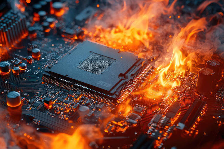 Das Innere eines Laptops steht in Flammen.