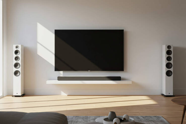 Eine Wohnwand in der ein Fernseher mit Soundbar im Vordergrund steht.