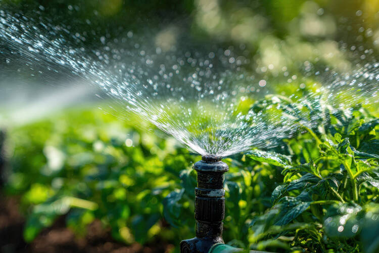 Ein Wassersprinkler steht in einem Beet im Garten.