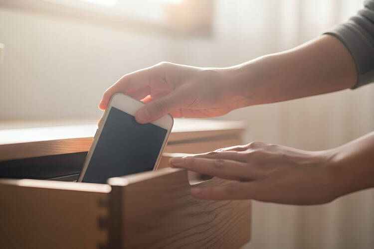 Eine Person packt das Handy in eine Schublade.