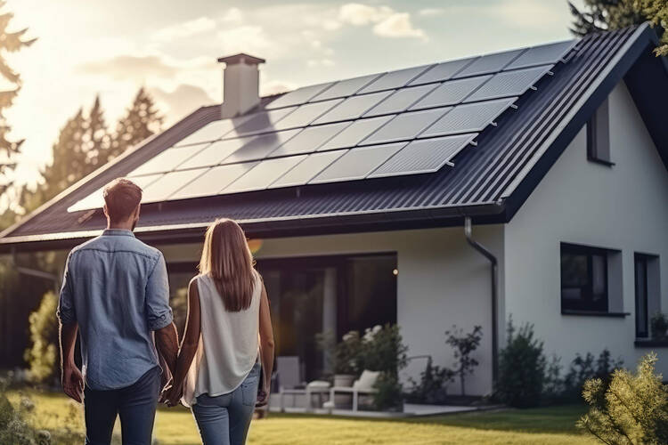 Ein Paar steht vor ihrem Haus und blickt auf die PV-Anlage.