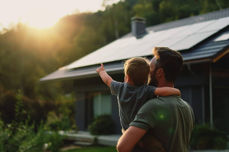 Ein Mann hat ein Kind auf dem Arm und steht vor einem Haus mit Solaranlage auf dem Dach.