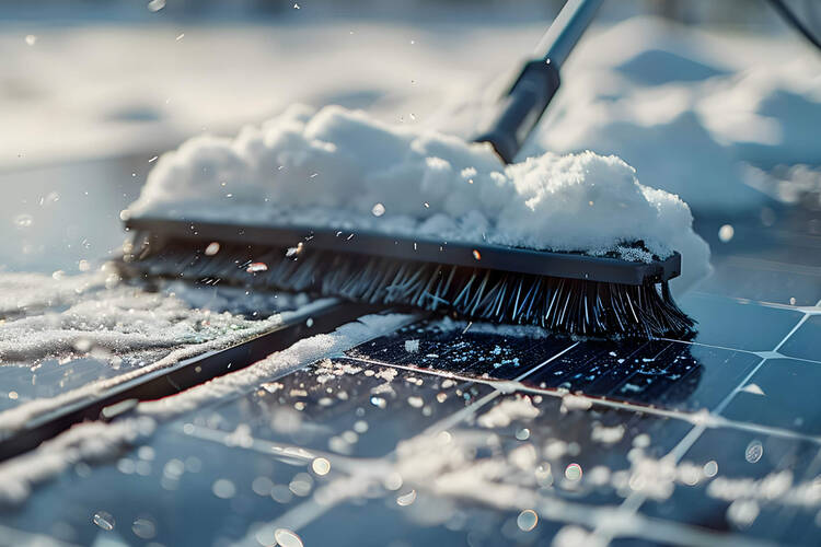 Ein seifiger Schwamm fährt über ein Modul einer PV-Anlage.