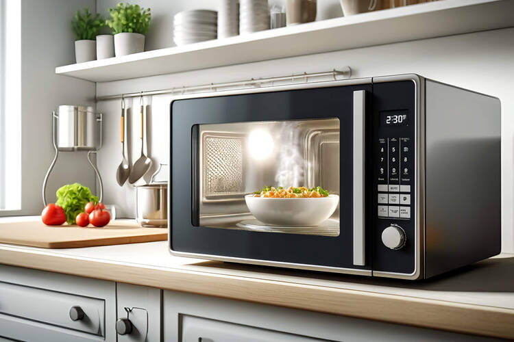 Eine Mikrowelle steht in der Küche.