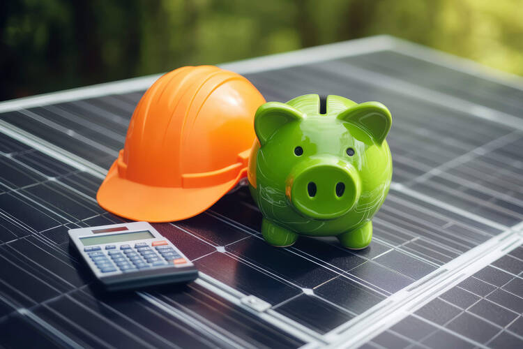 Auf einem Solarmodul liegen ein Sparschwein, ein Helm und ein Taschenrechner.