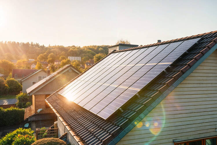 Die Solaranlage auf einem Hausdach wird von der Abendsonne angestrahlt.