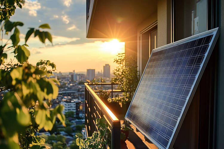 Ein Balkonkraftwerk wird von dem Sonnenuntergang angestrahlt.