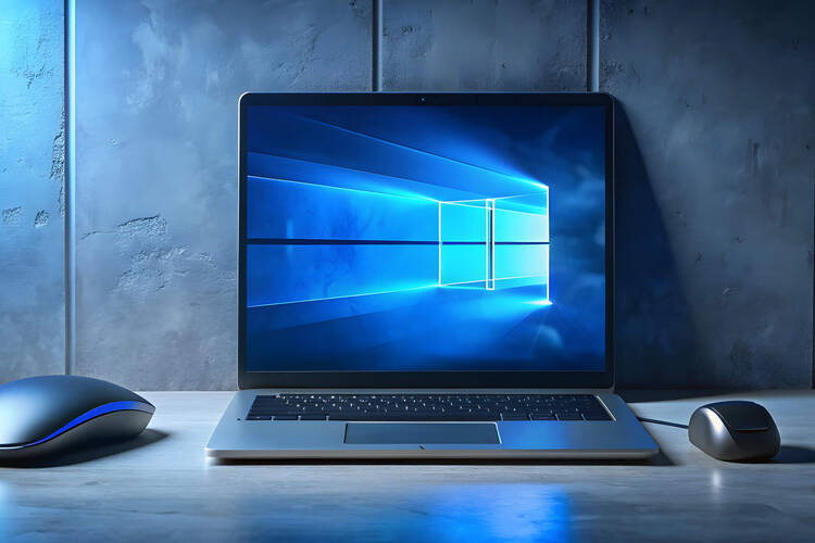 Ein Laptop mit dem Windows-Logo steht auf einem Schreibtisch.