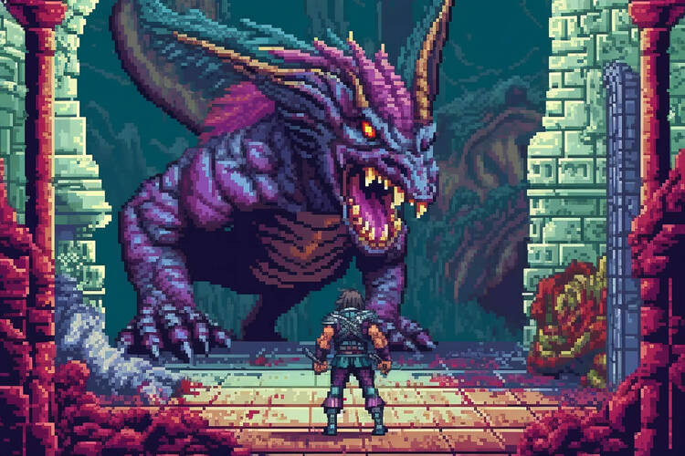 Monster steht Mensch gegenüber in 8-Bit