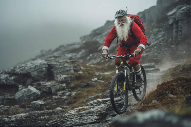 Weihnachtsmann fährt auf Mountainbike durch die Berge