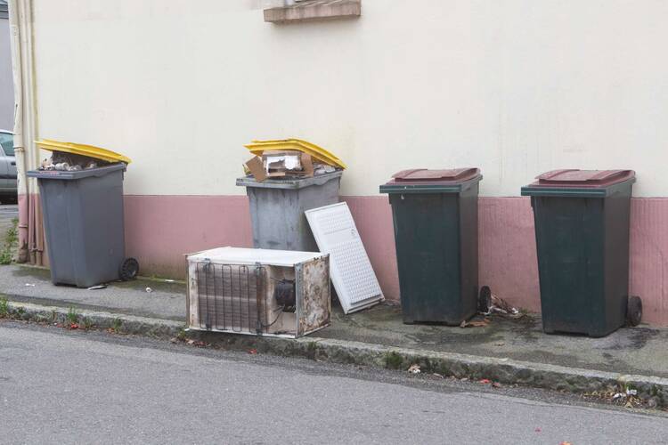 Mülltonnen und umgekippte Tonne an Straßenrand 