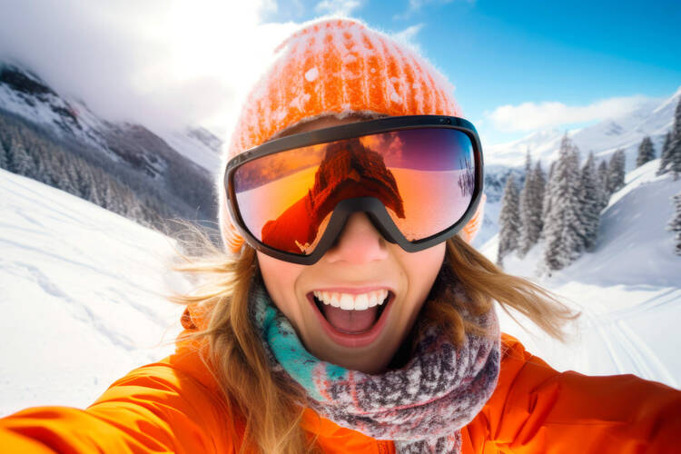 Frau macht Selfie auf Skipiste mit Skibrille