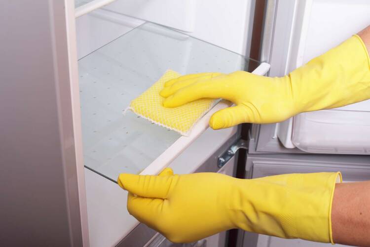 Hände in gelben Putzhandschuhen reinigen mit Schwamm ein Kühlschrankfach